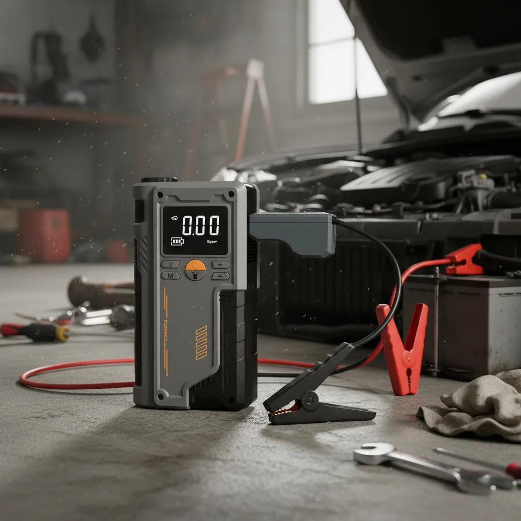 Auxiliar de Partida Portátil 3 em 1 Modelo JumPair - Compressor de Ar Portátil com Display Digital e Carregador USB Multifuncional